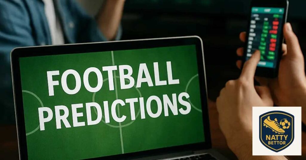 Ноутбук с надписью Football Predictions, смартфон с коэффициентами и мужчина, следящий за матчем — символ аналитики и прогнозов на футбол