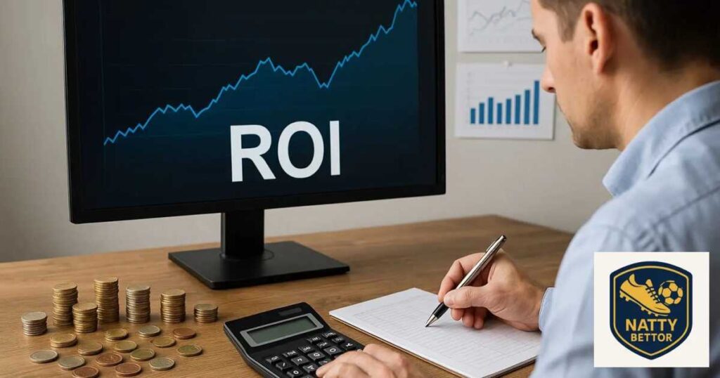 Аналитик за компьютером считает ROI, на столе калькулятор и монеты, на стене графики