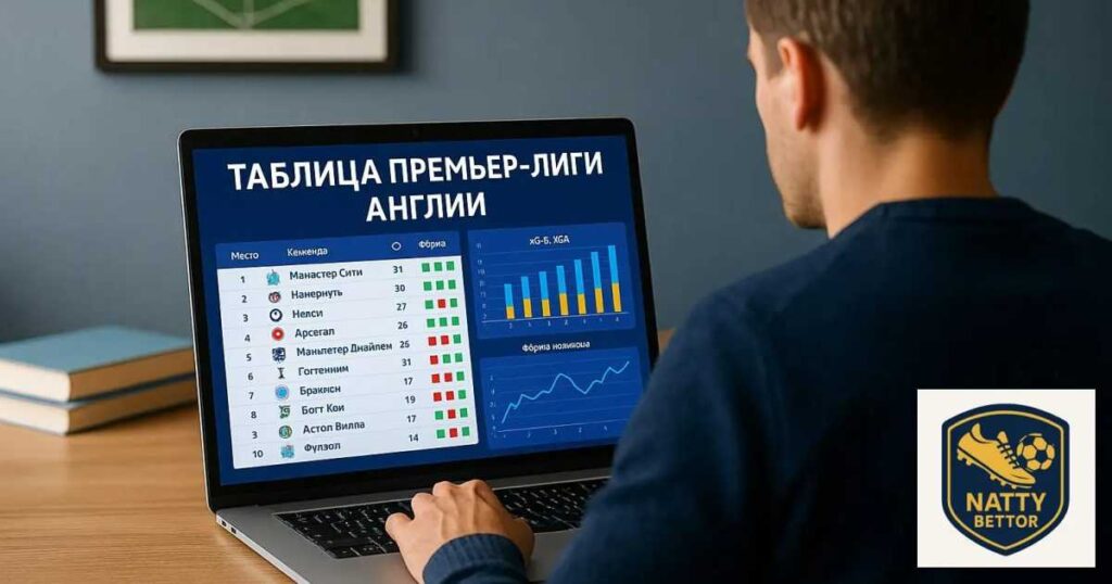 Аналитик ставок на футбол изучает данные АПЛ, графики xG и движение коэффициентов на экранах