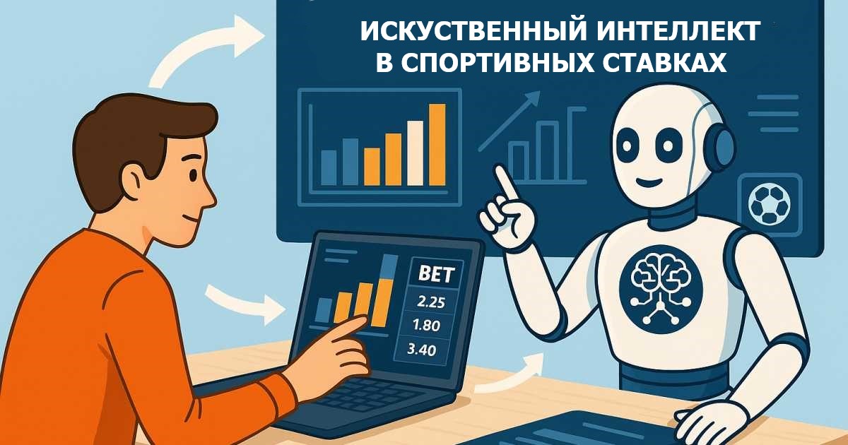 Аналитик за компьютером взаимодействует с искусственным интеллектом, который помогает ему рассчитывать спортивные прогнозы и тоталы