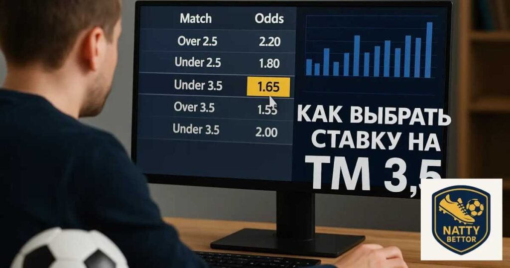 Аналитик за ноутбуком изучает футбольную статистику и графики тотала меньше 3.5, анализируя данные и тенденции низовых матчей