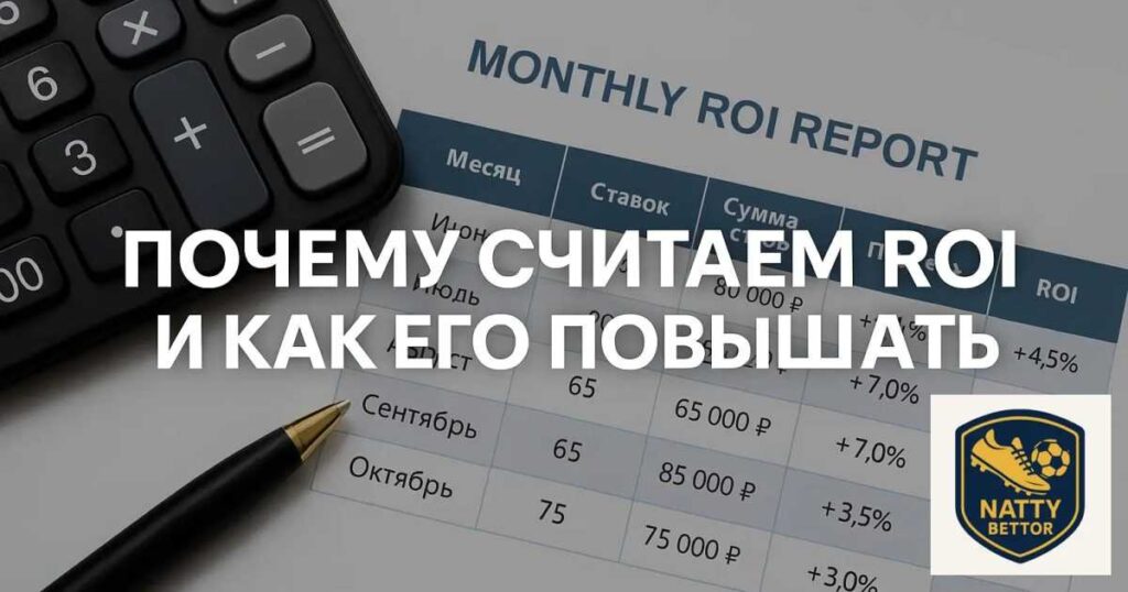 Финансовый аналитик рассчитывает ROI по ставкам на футбол, рядом ноутбук с графиками прибыли, блокнот и калькулятор