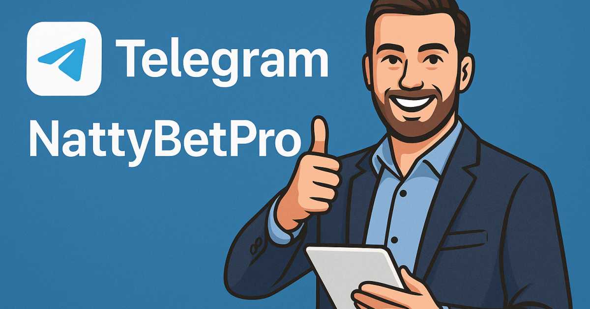 Аналитик радуется успешным прогнозам, показывает палец вверх, логотип Telegram и название канала NattyBetPro.