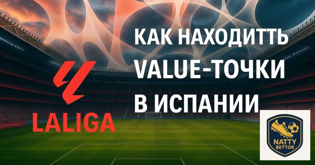 Баннер Ла Лиги — стадион на закате с надписью Как находить value-точки в Испании