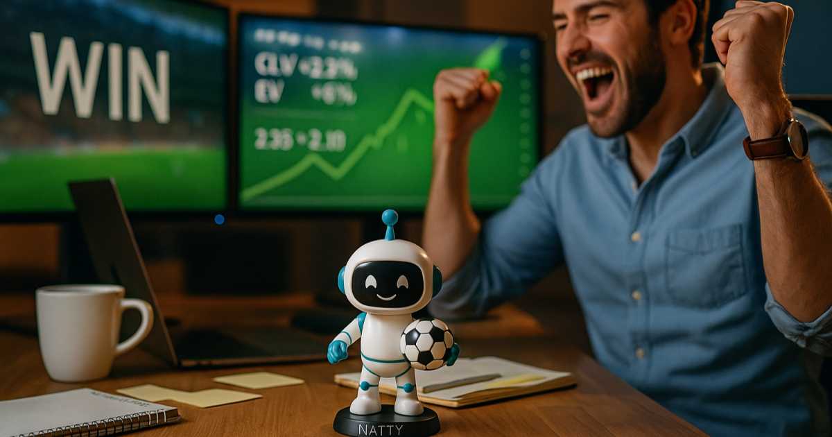 Спортивный аналитик празднует выигрыш ставки; на столе реалистичная фигурка Нэтти — маскота NattyBettor