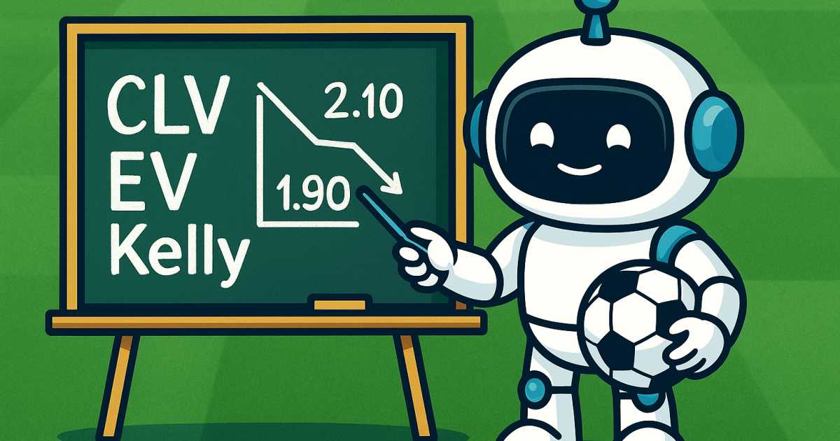 Нэтти (маскот NattyBettor) у доски объясняет EV, Kelly и CLV на примере падения коэффициента 2.10→1.90