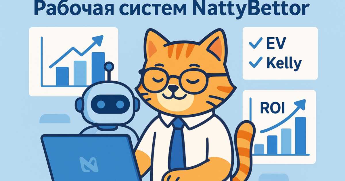 Маскот Нэтти с Котом кодером за компьютером показывают рабочую связку бота NattyBettor, калькулятора и CSV-отчётов по ставкам